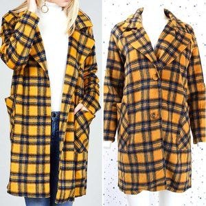 Single Breasted Plaid Pea Coat Jacket Mustard/Blue